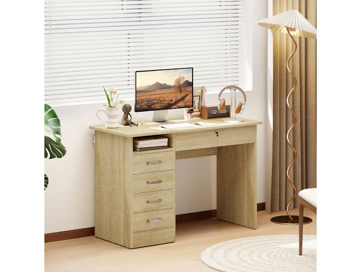 HOMCOM Bureau Moderne 5 Tiroirs Verrouillable Chêne 110x50x76cm