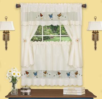 "Wide Width Daisy Meadow Embellished Cottage Window Curtain Set by Achim Home Décor in Multi (Size 58"" W 36"" L)"