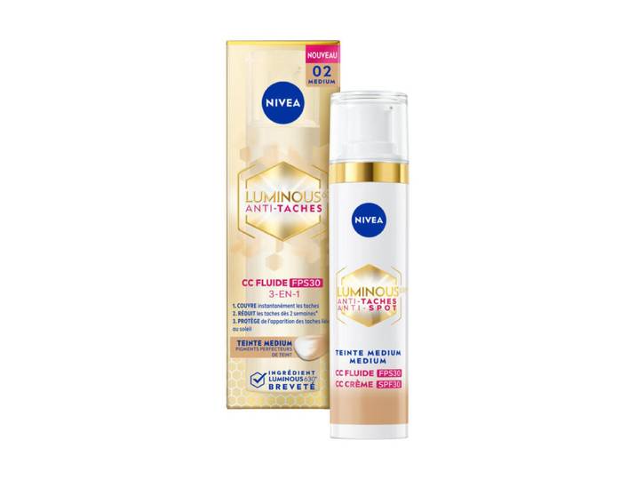 NIVEA Luminous630 Visage CC Fluide Anti‑Taches 3‑en‑1 FPS30 Teinte Medium 40 ml