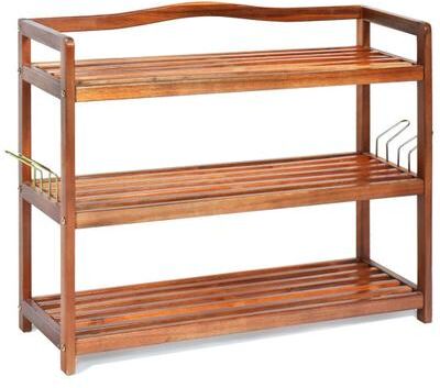 Costway 3-Tier Acacia Wood Shoe Rack with Side Metal Hooks