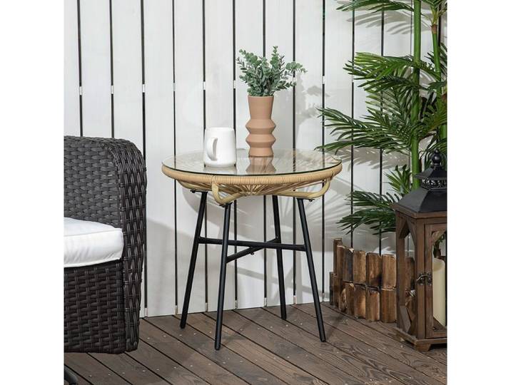 Table de Jardin Bistrot Ronde avec Plateau en Verre Trempé et Entourage en PE-Rattan Métal Beige 50×50×50 cm - UVRION