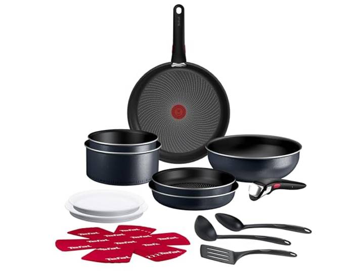 Tefal Ingenio Enjoy 17-tlg. Kochgeschirr-Set, Antihaftversiegelung stapelbar, Thermo-Signal, für alle Herdarten, Light Tech Technologie, sicherer Griff, mühelose Reinigung, Schwarz, L7239502