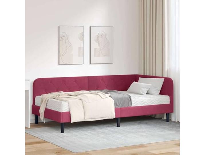 WDGJJFECNMUEHI Samt L Design Eckbettrahmen 100x200 cm Rot Eckbettgestell mit Matratze Weinrot 100x200 cm Samt L-Form Sofa Bett mit Lattenrost Platzsparend Schlafzimmer Möbel
