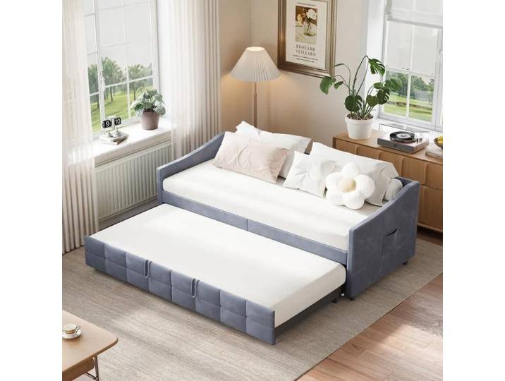 Canapé Lit Gigogne 90/180x200 Canapé Convertible 2 Places Lit Canapé Lit Extensible Lit Multifonctionnel en Tissu Velours Gris