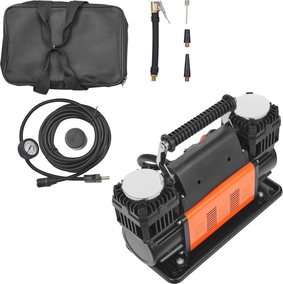 Krachtige draagbare luchtcompressor met twee cilinders voor auto, SUV en vrachtwagen, 12V 150 PSI, zwart-oranje