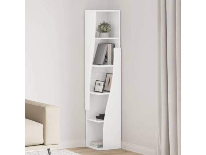Xolmizyn Eckregal für Wohnzimmer, Standregal Holzwerkstoff, Weiß Platzsparendes Design, 5 Ablagen, Moderne Optik