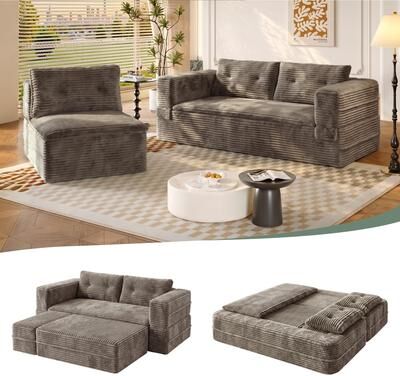 "GDFStudio - 80"" King Size Corduroy Sleeper Sofa Bed with Convertible Blanket & Independent Chaise Lounge"