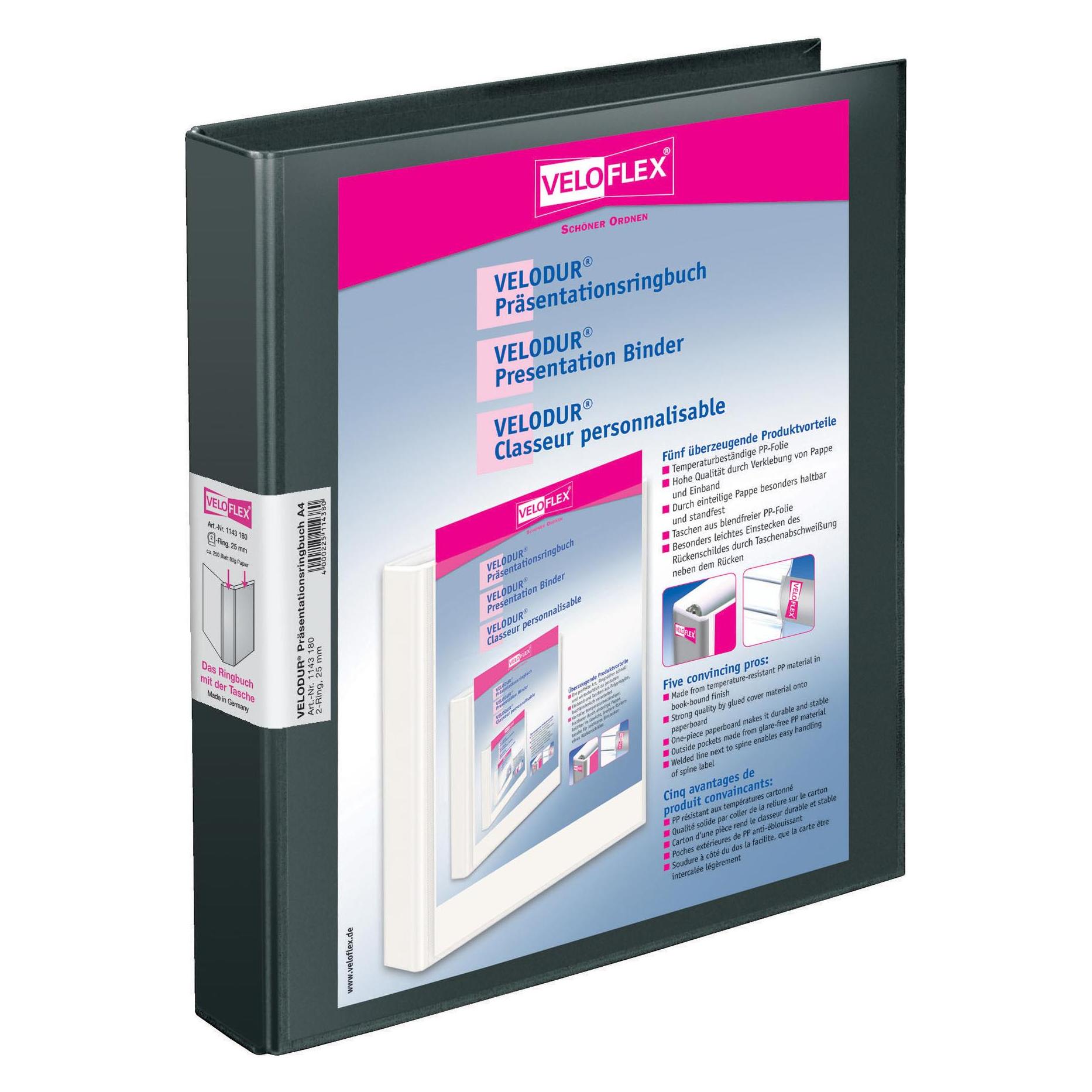 Veloflex Präsentationsringbuch VELODUR 40mm DIN A4 2 Ringe D-Mechanik Pappe schwarz (A4, 40 mm, 1 Stk.) (1143180)