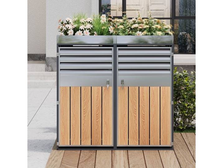 Coffre de Rangement Extérieur Abri avec 2 Portes et Bouches D'aération à Persiennes Poubelles Acier Galvanisé Verrouillables Gris