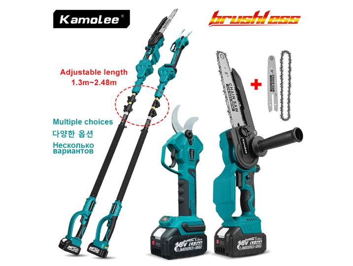 Ciseaux électriques sans fil Kamolee Brushless 50 mm, scie électrique pour branches hautes 6+8 pouces, avec extension de 2,5 mètres et manche télescopique