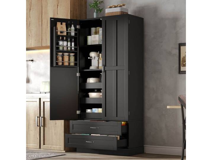 Armoire de cuisine 80x37 5x180 cm 3 plateaux coulissants 2 tiroirs rangements de porte MDF noir