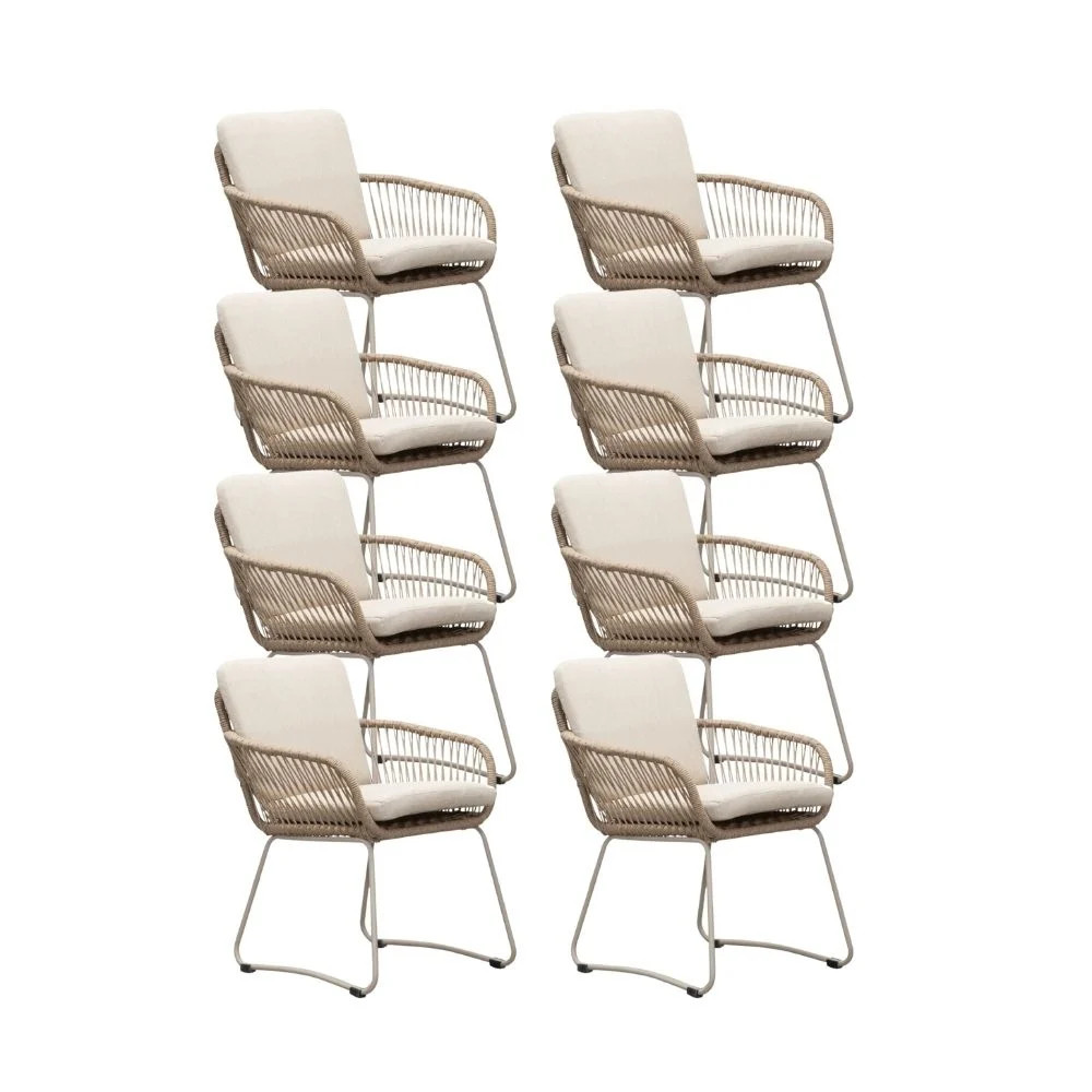Harper dining tuinstoel set van 8 met touw en RVS in Sandstone