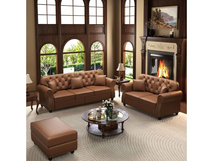 Ensemble canape chesterfield 5 places simili cuir marron avec pouf
