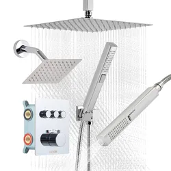 VEVOR Duschsystem-Set mit 12 Zoll Regenduschsystem / 6 Zoll Wandmontagekopf / 2 in 1 Handbrause, drehbarer Doppelregenkopf (3 Funktionen), Messingventil und Verkleidungssatz, Chrom thermostatisch
