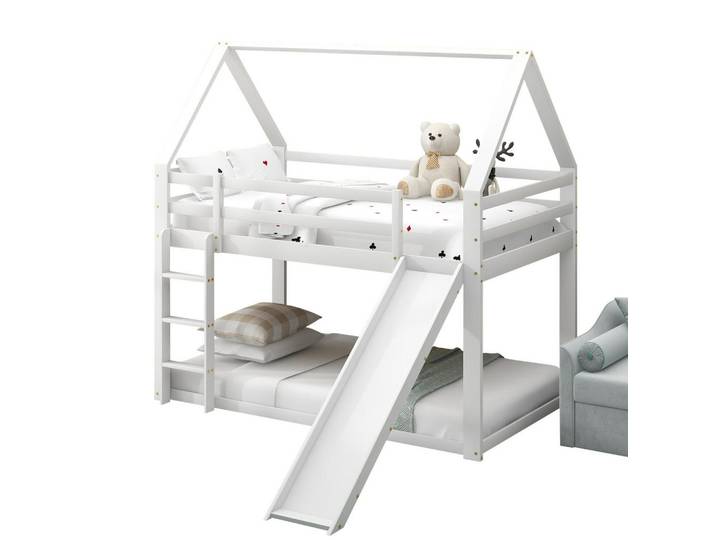 Modfu Etagenbett aus Kiefernholz 90x200 cm Weiß mit Rutsche, Leiter und Hausdach, 90x200 cm, Babymöbel & Kindermöbel, Kinderzimmer & Jugendzimmer, Stockbetten