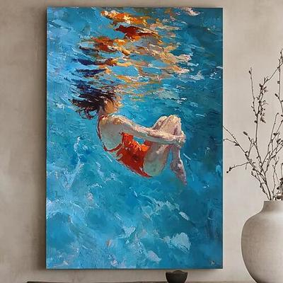 schwimmendes Mädchen, Tauchen, Ölgemälde, Wandkunst, Malerei, blau, Tauchen, abstrakte Kunst, Tauchen im Ozean, Frau, schwimmende Hand, Leinwand, abstrakte Kunst
