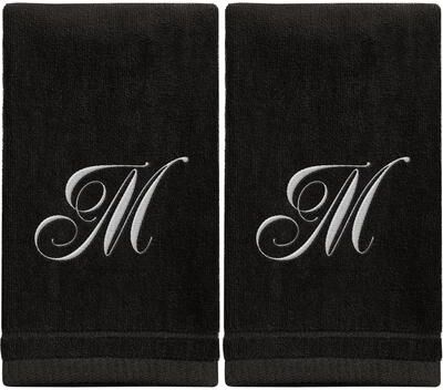 Creative Labs Monogrammed Black Towels Fingertip Embroidered with Initials