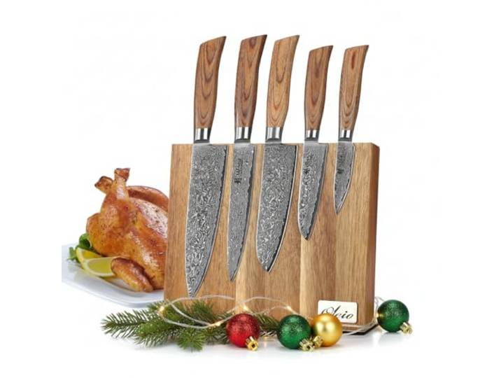 Wakoli EDIB Pro Messerblock-Set, 5 Messer, 67 Lagen Damaststahl, VG10-Kern Chefmesser, Fleischmesser, Santoku, kleines Santoku und Officemesser mit Pakkaholzgriffen und magnetischem Akazienholzblock