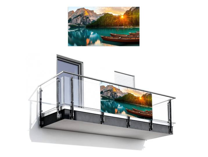 MuchoWow Balkon-Sichtschutz See - Berge - Sonnenuntergang - Boot, Petrol, Kunststoff, Rechteckig, 200x110 cm, Sonnenschutz, Sichtschutz