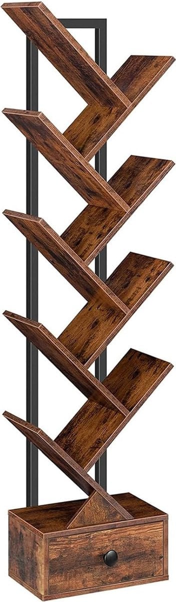 TRANKIELO® Vintage Boekenkast met Lade – Multifunctioneel Boomvormig Staand Rek met 9 Niveaus voor Woonkamer, Slaapkamer of Thuiskantoor