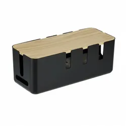 Relaxdays Kabelbox, für 2 Steckdosenleisten, Holzdeckel, Kunststoff, Kabel verstecken, HBT: 11,5x30,5x12,5 cm, schwarz