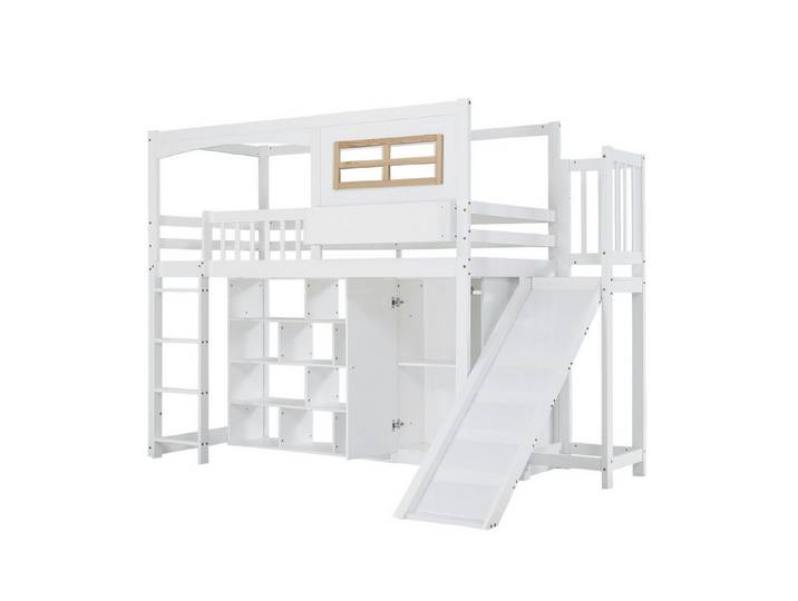 Thanaddo Hochbett Etagenbett, mit Kinderrutsche und Kleiderschrank, Reichlich Stauraum