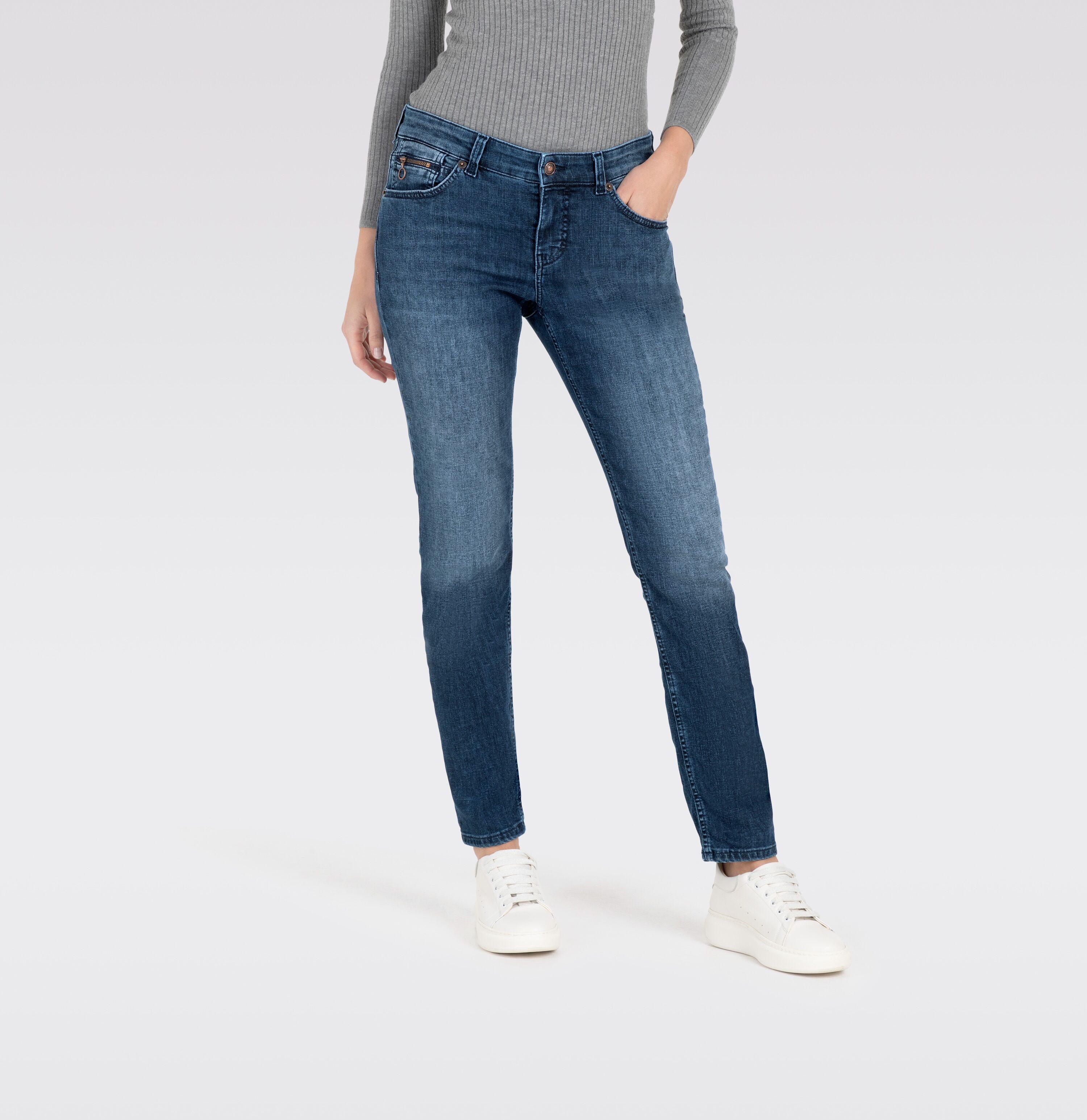 Slim-fit-Jeans MAC, Damen, Gr. 46, Länge 32, blau (modern blau used), Denim/Jeans, Obermaterial: 56% Baumwolle, 16% Polyester, 15% Hanf, 11% Lyocell, 2% Elasthan, slim fit, Jeans Slim-fit-Jeans modern blau used 46, Länge 32