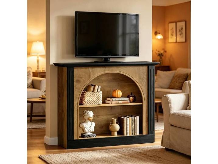 Console D Entree Bois Noir Et Marron Meuble TV Mid-Century FloraGrace Pour Entree Et Salon Rangement Ouvert 110x30x90cm