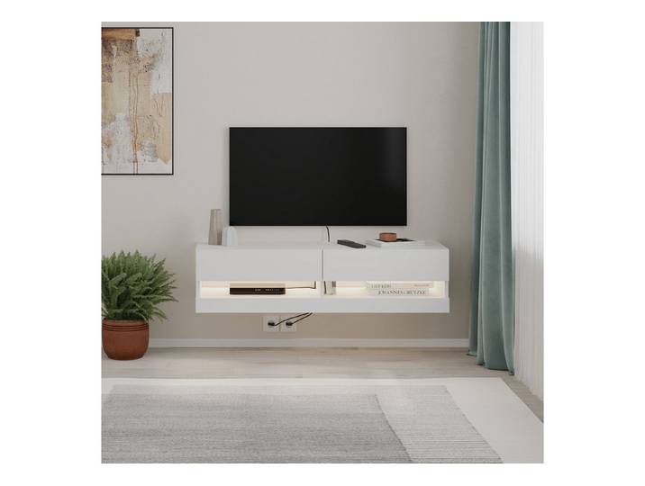 Decortie TV-Schrank MOON TV-Schrank 120 Moderner TV-Ständer Multimedia 120 cm x H 30 cm x T 33,8 cm.