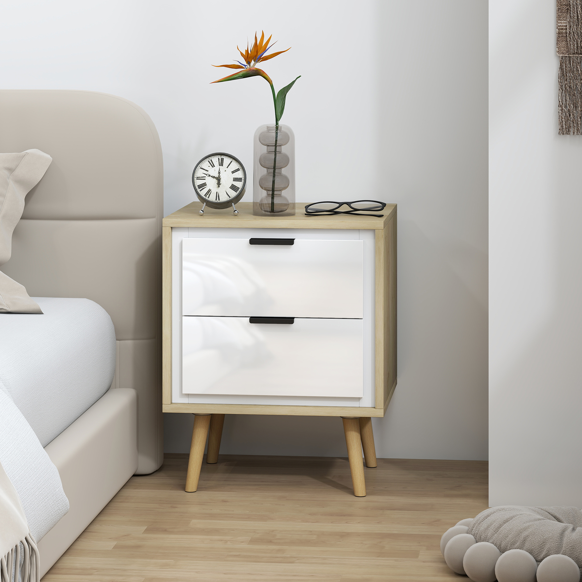 Homcom Comodino con 2 cassetti silenziosi e piedi in legno massiccio, 40 x 35 x 50 cm, Bianco lucido   Aosom Italy