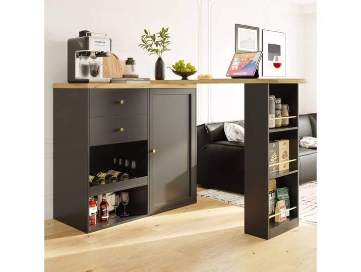 Buffet Bas avec Étagère Grand Espace Rangement 2Tiroirs 1Porte Armoire de Cuisine llót central Pivotant à 360° 138-105x39x102cm Noir