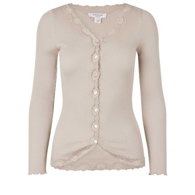 Strickjacke ROSEMUNDE "Babette Silk Cardigan mit Seide", Damen, Gr. XS, beige (cacao), Feinripp, Obermaterial: 70% Seide, 30% Baumwolle, hüftlang, V-Ausschnitt, gewellter Abschluss, Strickjacken Strickjacke, Vintage-Spitzenbesatz,...