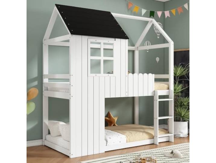 BXEYXE Hochbett, Kinderbett, Exquisite Fenster, Wunderschöne Hausformen, Dreistufige Treppe, Umzäunung an Allen Seiten, Kiefer + MDF, Weiß+Schwarz, 90x200cm