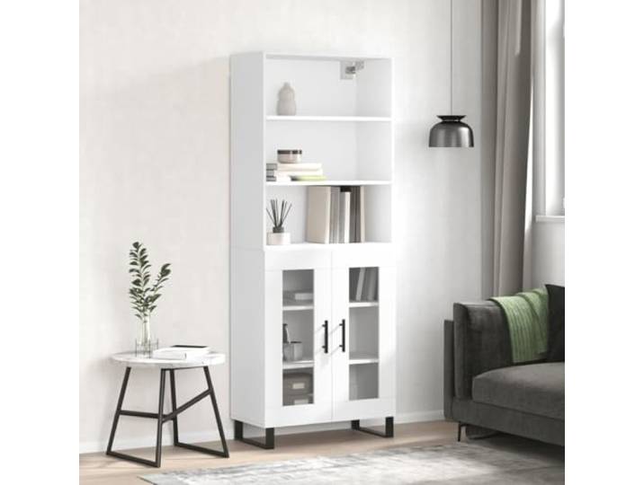 Elegantes Aufbewahrungsmöbel als Raumteiler: Highboard in Weiß aus Holzwerkstoff fürs Wohnzimmer mit Metallfüßen und Türen, bietet viel Stauraum und benötigt Wandbefestigung