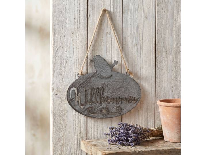 Gartenstecker AMBIENTE HAUS Willkommen Schild mit Vogel (B) 20cm , grau, B:24cm H:34cm, Metall, Gartenstecker, Gartenstecker, zum Aufhängen mit Schnur für Innen- u. Aussenbereich
