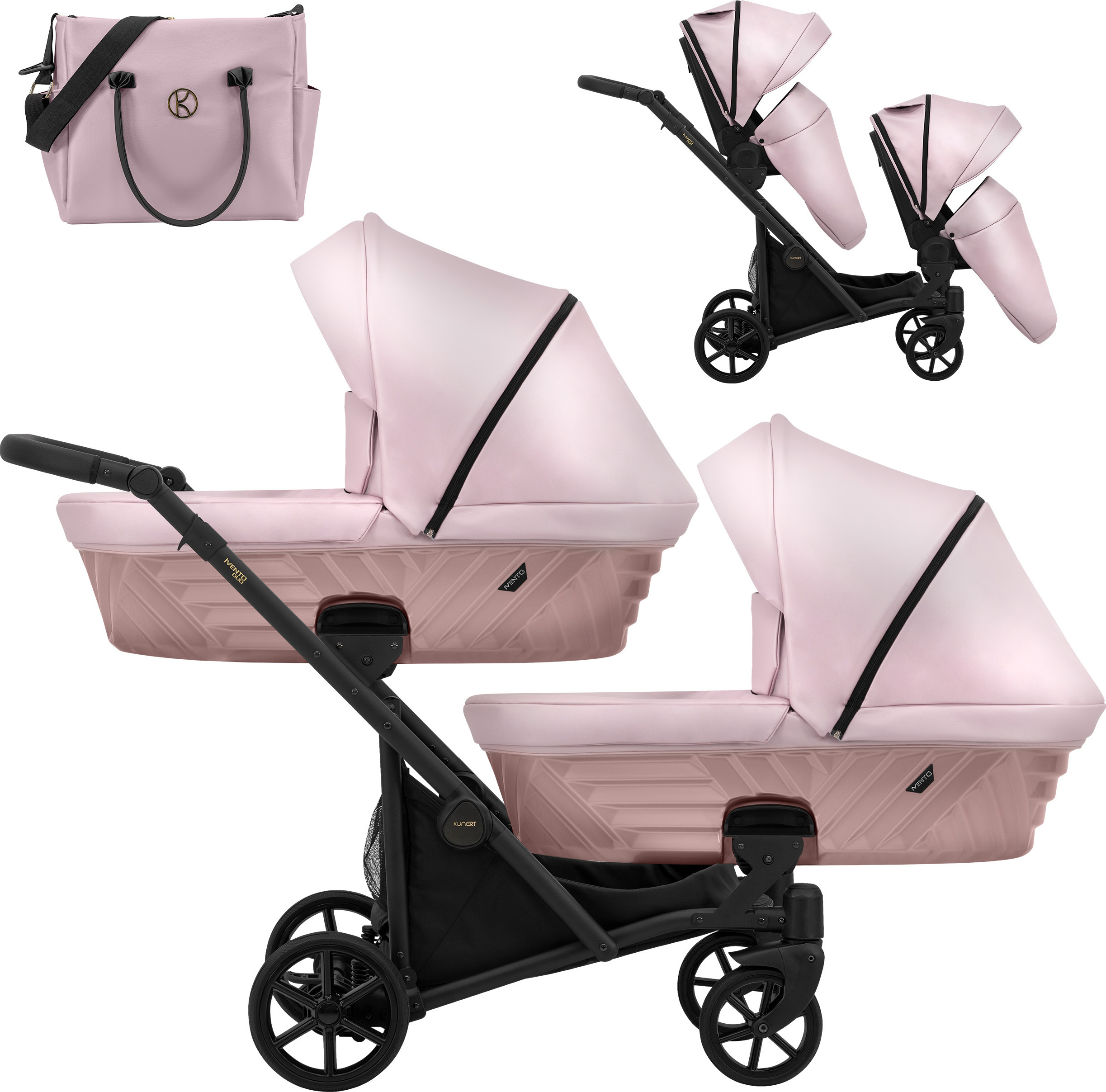Kunert Ivento Duo 2in1 Zwillingswagen - schwarzes Gestell - Farbe: Eco Pink Metallic
