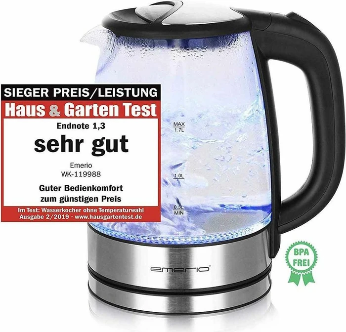 Emerio Wasserkocher, 1.7L, kabellos, BPA-frei