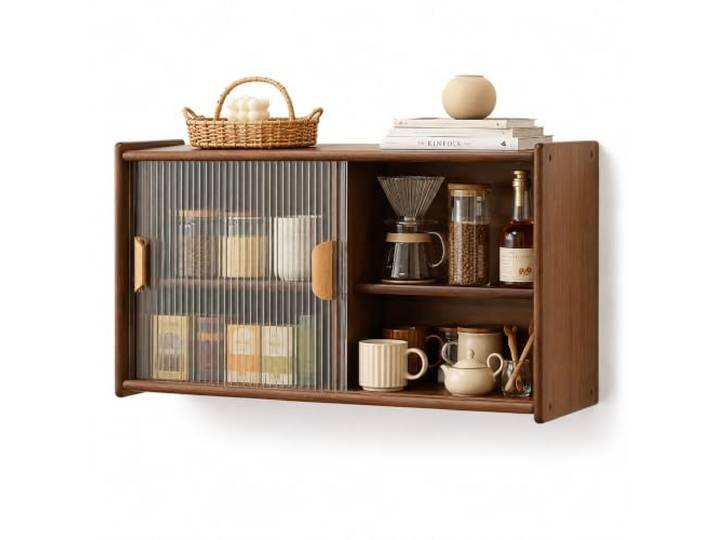 JSWHYBD Wandhängeschrank Küche aus Holz mit Schiebetüren aus Rillenglas Verstellbares Regal für Küche, Bad, Kaffeebar, Arbeitszimmer und Arbeitsplatte(Walnut,A)