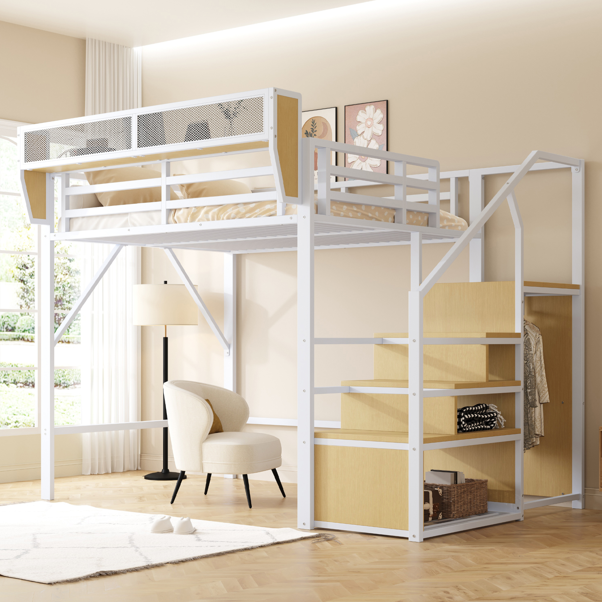 Flieks Etagenbett 140x200cm mit Abnehmbarem Lagerregal, Metallbett Hochbett mit Kleiderschrank, Kinderbett Jugendbett mit Lattenrost, Doppelbett Weiß