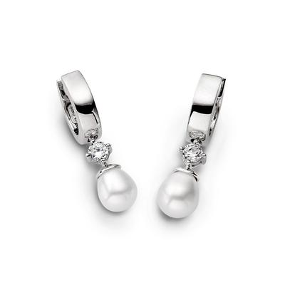 Paar Creolen AMOR "2017288", silber (silberfarben, kristallweiß, kristallweiß), Ohrringe, Damen, Perlen Silber 925 (Sterlingsilber), Perlen, Silber 925 (Sterlingsilber), mit Kristall - mit Süßwasserzuchtperle