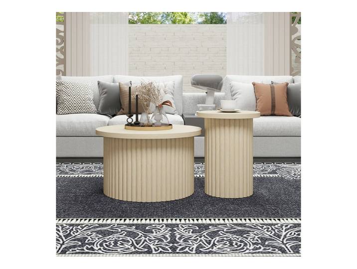 Celya Couchtisch Wohnzimmertisch, Rundes Couchtisch-Set im 2er-Pack (ideal für Wohnzimmer, Schlafzimmer, Arbeitszimmer oder Büro), mit natürlicher Holzoptik und wellenförmiger Struktur