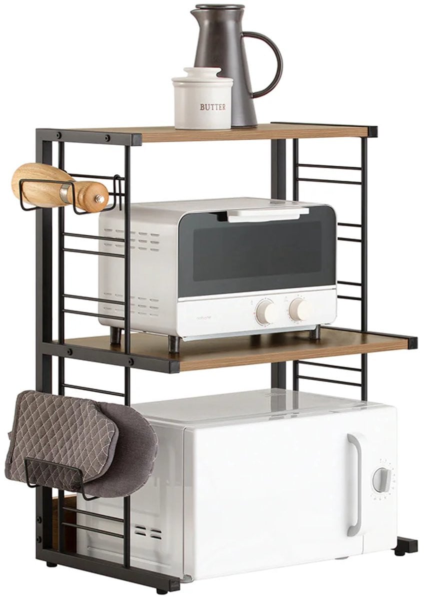 GranMaison Magnetronkast en Keukenrek met Dubbele Draagplank, Zwart, B/D/H: 60 x 36 x 72 cm
