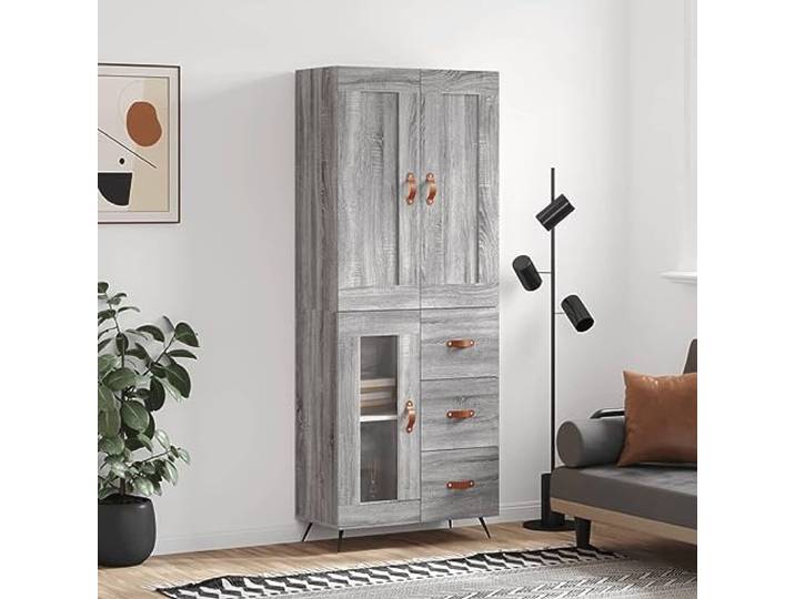 RJPLMFV Anrichte, hoch, Grau, 180 cm, Holz, Technik Schrank mit 2 Türen, Metallfüßen, langlebig, kippsicher