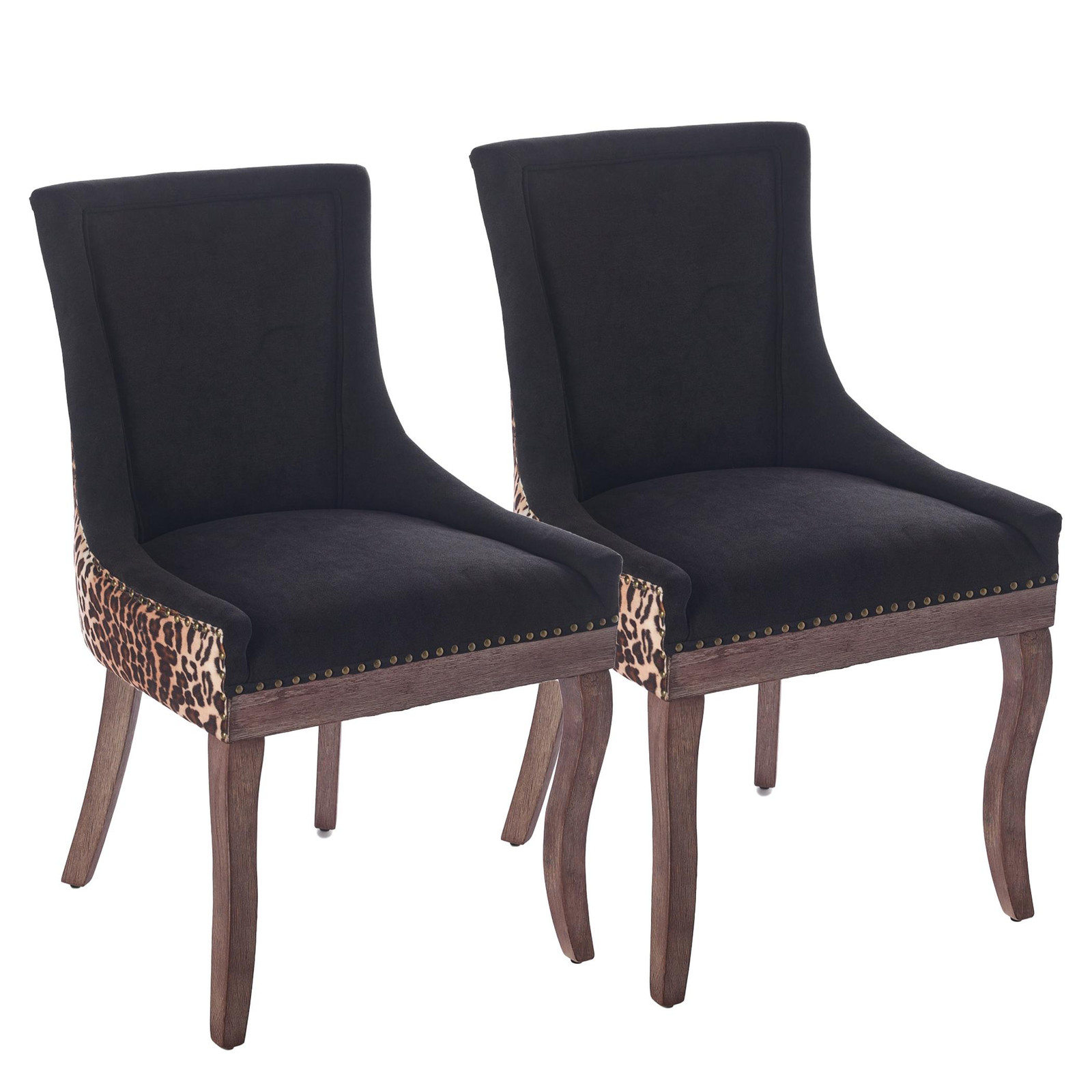 SEEDWAVE Set van 2 Chenille Eetkamerstoelen met Massief Houten Poten en Klinknageldesign - Luipaard Zwart