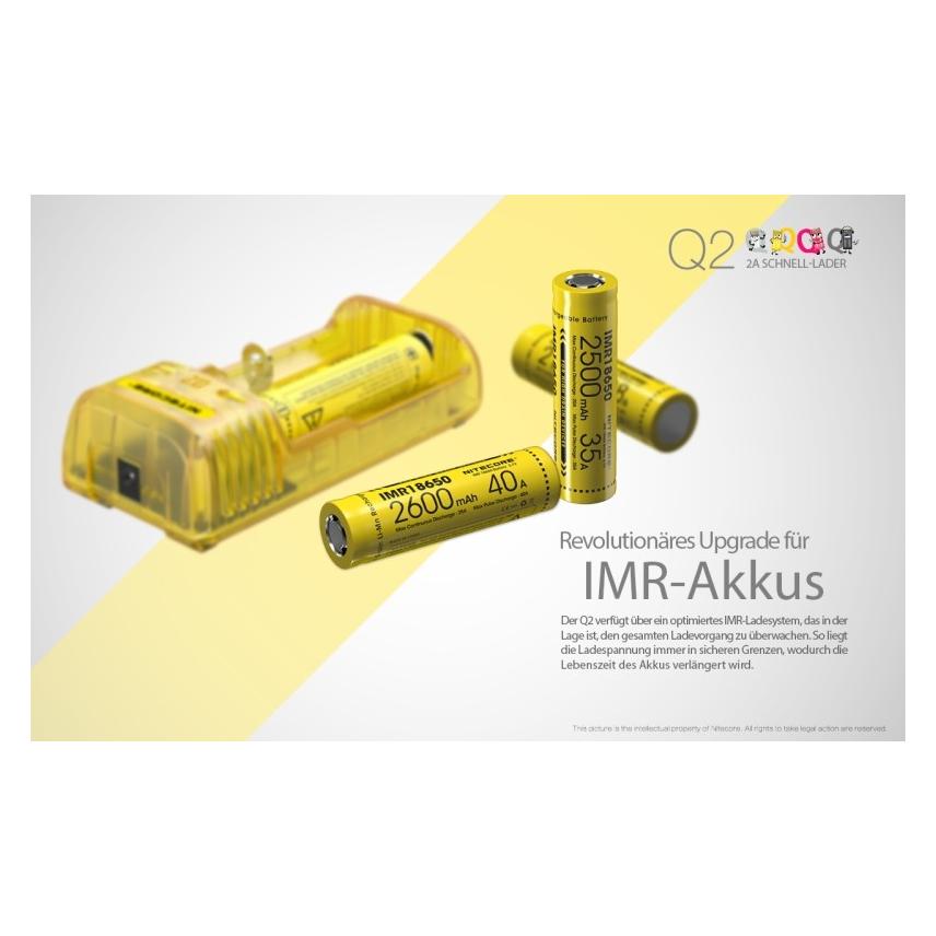 Nitecore Q2 - Schnelladegerät für Li-Ion Akkus, 2 Schachtlader - 4 Farben zur Auswahl (14500, 14650, 16340, 16500, 16650, 17350, 17500, 17650, 17670, 18350, 18490, 18500, 18650, 18700, 20700, 21700, 22500, 22650, 25500, 26500, 26650) (34807977)