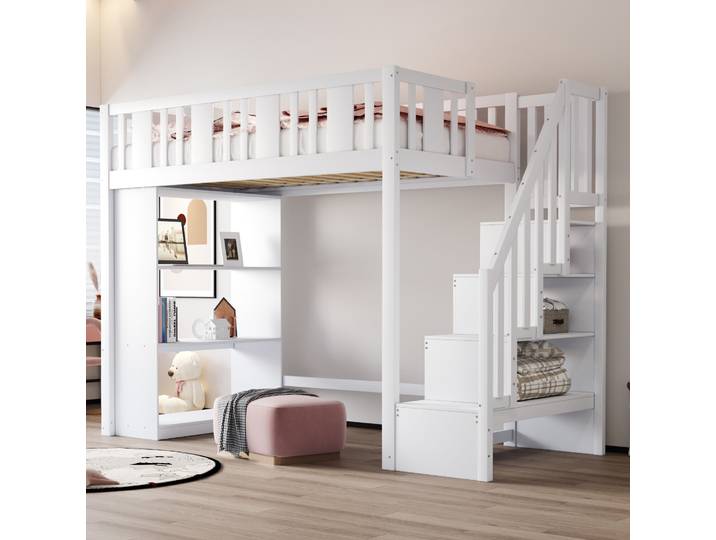 Lit Mezzanine 90x200 Avec Rangements Bois Blanc Havrya