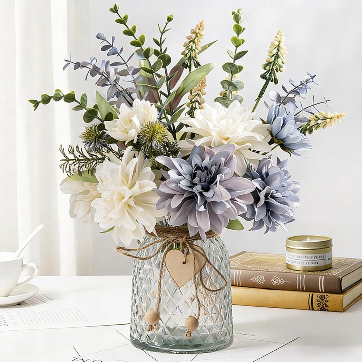 SnelShoppen Kunstbloemen Arrangement Dalia met Glazen Vaas - Roze Zijden Bloemen voor Tafel Decoratie