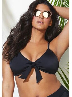 Plus Size Women's Mentor Tie Front Bikini Top by Swimsuits For All in Black (Size 12)