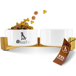Bluzelle 2-in-1 Hundenapf Set XXL, Keramikschalen Bambus Holzgestell 850ml (85 cl), Futternapf