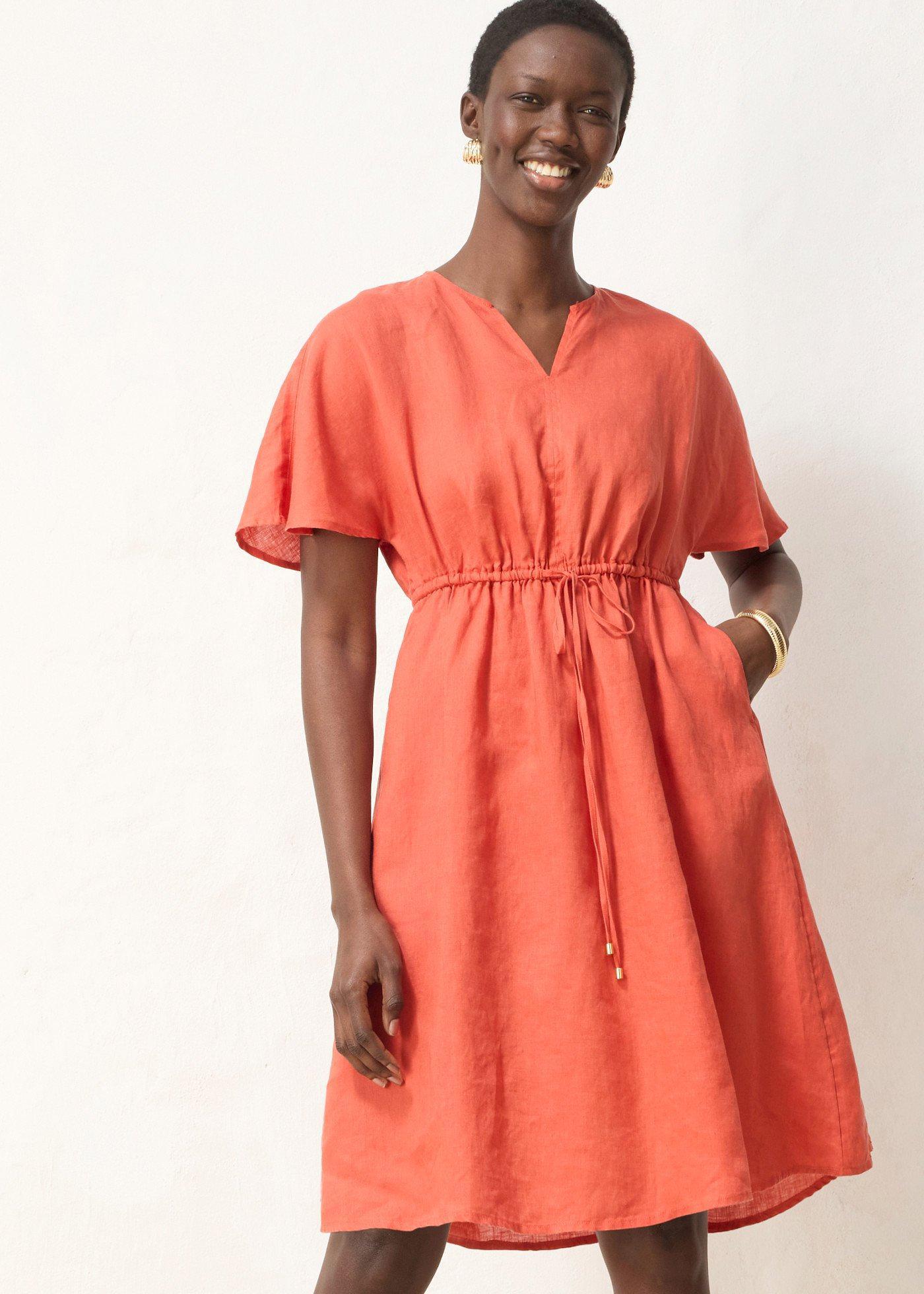 bonprix Kleid aus reinem Leinen, rot, Gr.36, sommerliches Leinen-Kleid mit Raffung in der Taille, aus Leinen